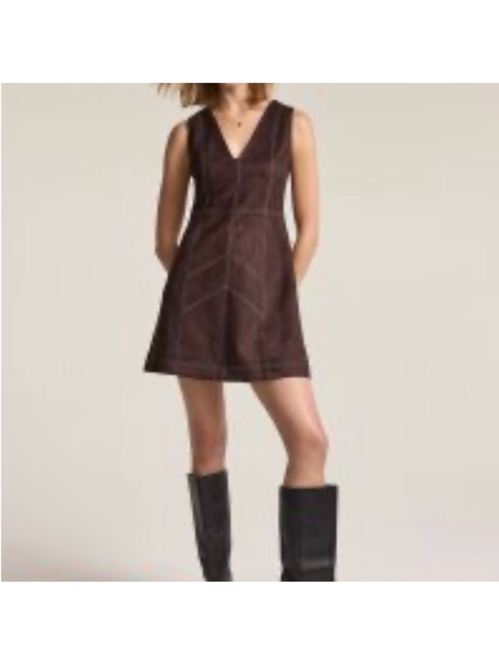 Anna Sui Chocolate Brown Sleeveless V-Neck Mini Dress
